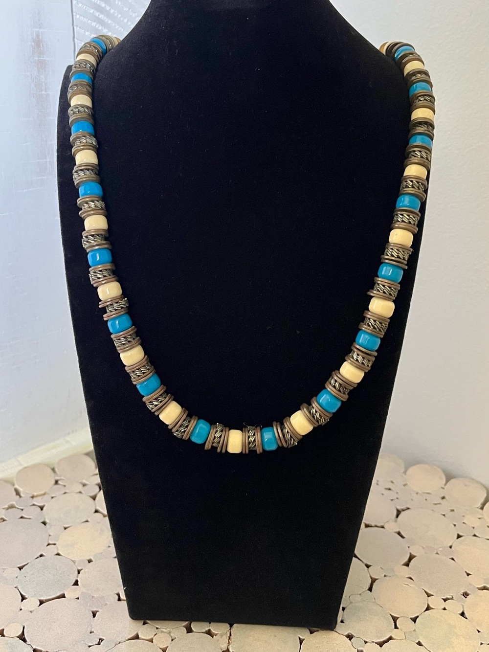 Vintage Moroccan Berber Revival Necklace blue beads brass filigree spacers 30”